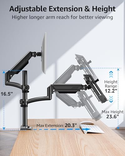MOUNTUP Laptop and Monitor Desk Mount, Laptop Tray for Max 17" Notebook, Monitors Arm Fits up to 32" Monitor, Laptops Arm Holds 4.4-22lbs, 2-in-1 Tall Laptops Mount with Clamp/Grommet - Image 6