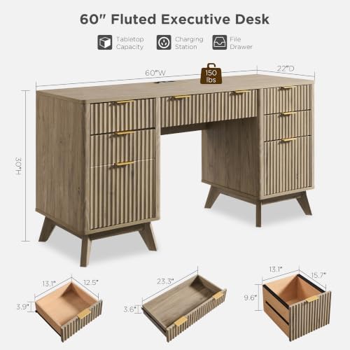 T4TREAM 60" Modern Fluted Executive Desk with Drawers, Alder Grey - Image 2