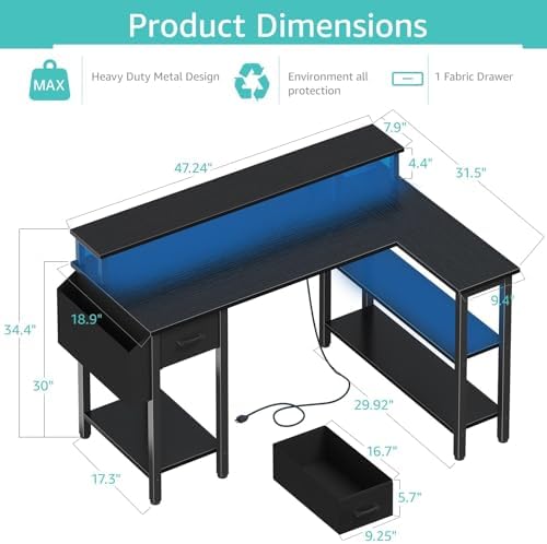 Lufeiya L Shaped Gaming Desk with Storage Shelves, 47 inch Home Office Desk with Monitor Stand, Computer Desk with LED Lights,Power Outlets and Fabric Drawers, Black - Image 3