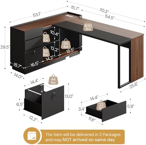 70" Executive Desk with Cabinet Storage, L-Shaped Office Desk with 3 Drawers and Shelves, Large Computer Desk Business Furniture for Home Office (Brown & Black) - Image 2