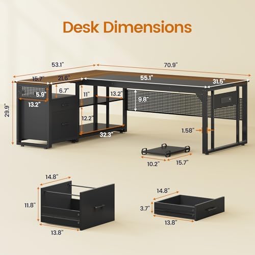 UPOSOJA 71" L Shaped Executive Desk, Office Desk with Storage Drawers - Image 2