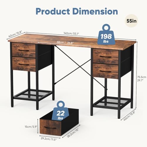 Sweetcrispy 56" Computer Desk with 4 Drawers and Shelve, Brown - Image 3