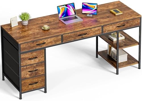 Huuger Computer Desk with 6 Drawers, Office Desk with Shelves, Reversible Gaming Desk, Large Corner Desk with Storage, Work for Home Office, Study, Living Room, 63inch, Rustic Brown by Huuger