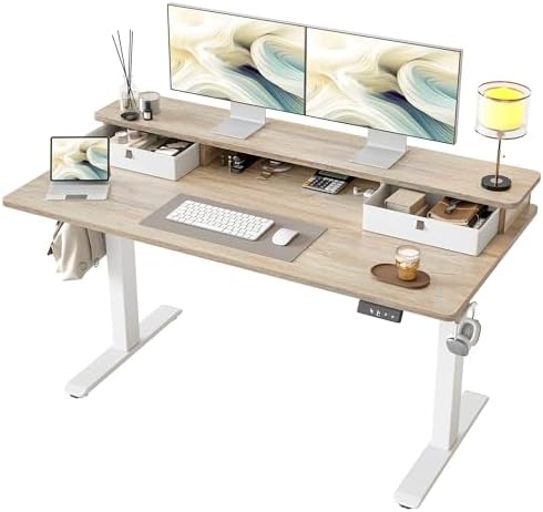 TIQLAB Standing Desk with Two Drawers, Stand Up Standing Desk Adjustable Height, Electric Sit Stand Table with Storage Shelf and Splice Board, 55 * 24 inch, Maple by TIQLAB