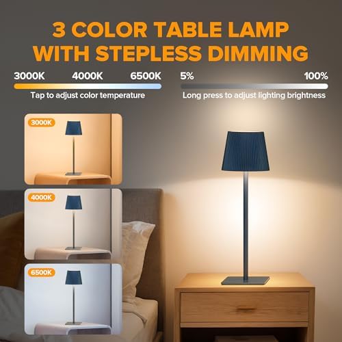 LUTEC 4 Pack Cordless Table Lamp,6000mAh Rechargeable Battery Operated Desk Lamp,Two Adjustable Heights,Waterproof, Touch Control & 3 Color Stepless Dimming for Restaurant/Bedroom/Bars/Outdoor (Blue) - Image 2