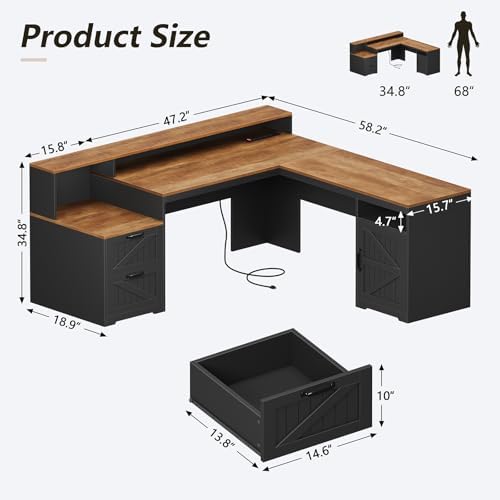 63" Farmhouse L Shaped Desk with Drawers & Printer Shelf for Home Office - Image 2