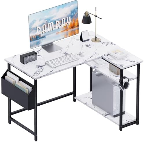 Pamray 40 Inch L Shaped Computer Desk with Reversible Side Storage Shelves, Small Corner Desk for Small Space Home Office, Writing Study Table PC Desk for Bedroom, Marble by PAMRAY