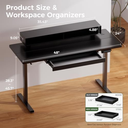 GTPLAYER Electric Standing Desk with Drawers, 48 x 24 Inch Height Adjustable Gaming Desk with Monitor Stand, Power Outlets & LED Lights, Home Office Sit Stand Up Desk with Memory Preset (Black) - Image 2