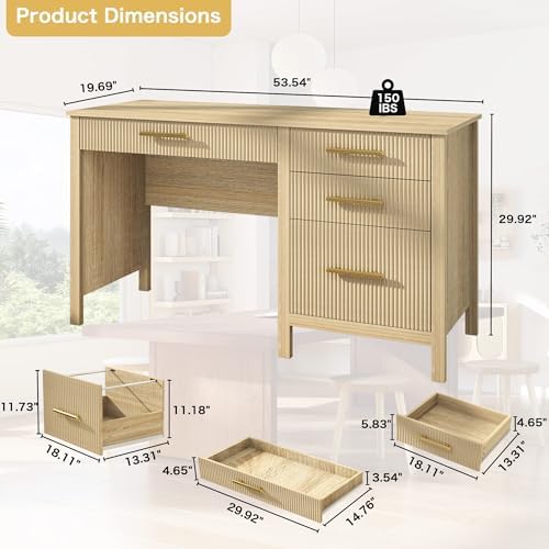 Executive Desk with Drawers: 54" Oak Home Office Desks with File Drawer - Image 2