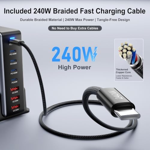600W Fast Charging 8 Port USB C Charger Block with Nylon Fast Charging Cable, Multi-Device Charging Station Wall Desktop Charger with GaN Ⅲ Technology, USB-C Charger Adapter for MacBook/iPad/iPhone 17 - Image 4