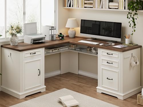 Farmhouse L Shaped Executive Desk with 4 Drawers, Home Office Desk with Hidden Under-Desk Storage Shelf and Charging Station, File Cabinet Storage, Wood Corner Computer Desk for Work(White+Brown) by JOCOEVOL