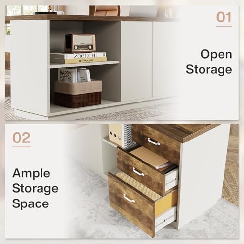 Tribesigns L-Shaped Executive Desk, 78-Inch Modern Office Desk with Drawers and Lateral File Cabinet, Large Bussiness Furniture with Storage Shelves, Workstation for Home Office (Brown + White) - Image 6
