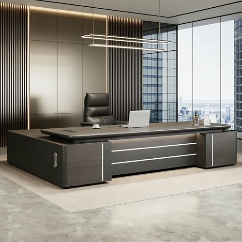 Modern L-Shaped Executive Desk with Drawers, Wooden Office Desk with Hidden Power Outlet, Digital Combination Lock, Aluminum Inlaid Desktop for Home & Professional Office by Unknown