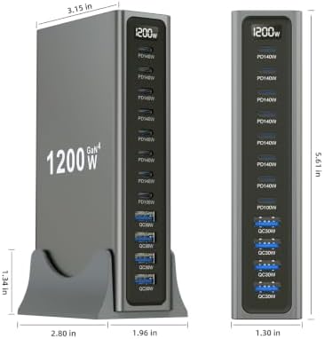 1200W GaN4 USB C Desktop Charging Station with 6.6FT 240W Cable, 12-in-1 Multiport Fast Charger Hub with Stand, 7X PD 140W Multi-Device Power Station for Laptops Tablets and Phones - Image 3