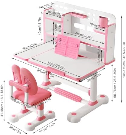 Upgraded Kids Study Desk and Chair Set, Height Adjustable Kids Table and Chairs, Children School Study Homework Desk with Tiltable Desktop & Bookshelf, Ideal Gifts for Boys Girls 8-12, Bedroom, Pink - Image 2
