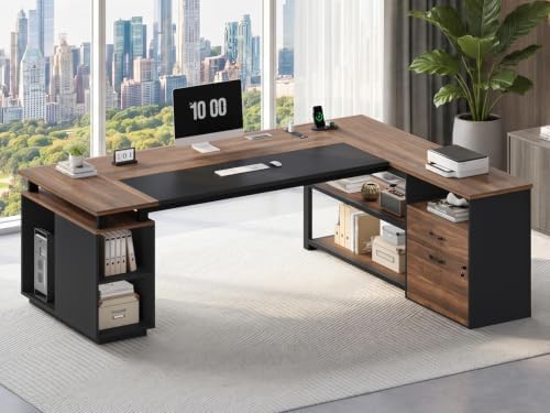 71" L Shaped Corner Home Office Desk, Large Executive Computer Desk with Lockable File Cabinet, 2 Drawers, Storage Cabinet, Power Outlets, CPU Stand, Storage Shelves & Modesty Panel, Walnut by Unknown