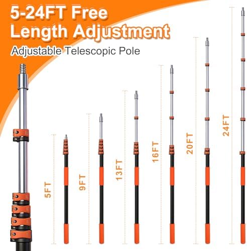 30FT High Reach Duster Kits with Dual Action Flip-Lock & Screw Fixing Design, 5-24FT Extension Pole, Cobweb Duster, Washable Ceiling Fan Cleaner & Window Squeegee for Glass & High Roof - Image 6
