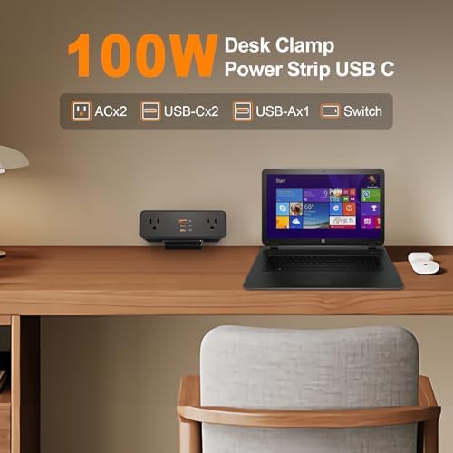 Desk Clamp Power Strip USB C 100W, Desktop Edge Mount Fast Charge Station 3 PD USB Port 2 AC Outlets 6ft Braided Extension Cord Flat Plug Fit Max 3.26’’ Tabletop Edge for Gaming Office Table. - Image 7