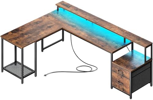 PRAISUN 66" L Shaped Gaming Desk with LED Lights & Power Outlets by PRAISUN