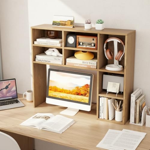 Tangkula Desktop Bookshelf, 37" Countertop Storage Hutch with 7 Cubes & 3 Adjustable Shelves, 3-Tier Desk Display Rack Organizer, Multipurpose Wood Desktop Hutch for Dorm Home Office (Natural) - Image 2