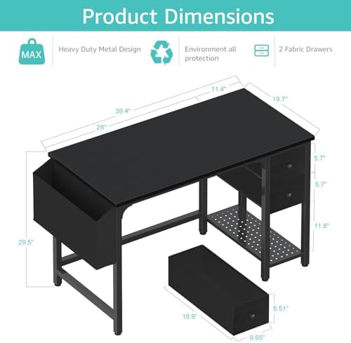 Lufeiya Computer Desk with Fabric Drawers, 40 Inch Reversible Gaming Desk for Small Space Home Office, Modern Simple Study Writing Table PC Desks for Bedroom, Black - Image 3