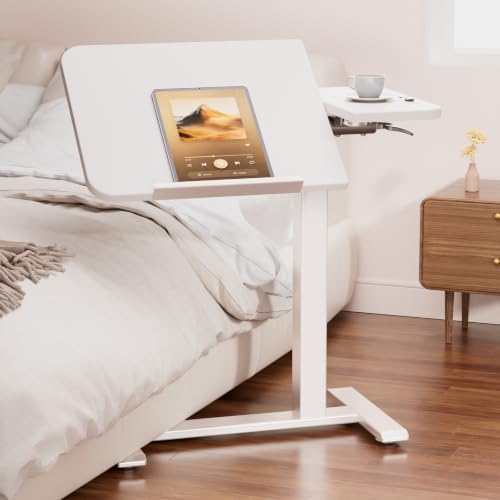 COMHOMA Tiltable Mobile Small Standing Desk, Pneumatic Adjustable Height Overbed Bedside Table with Wheels, Sit Stand Portable Rolling Laptop Desk Computer Workstations, White by ComHoma