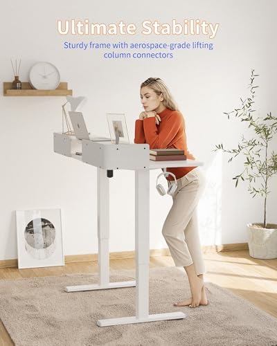 YIHAYO Electric Standing Desk with Drawers, 60 x 24 Inches Adjustable Desk with Storage Shelf, Computer Table with Splice Board for Home Office,White Frame/White Top - Image 4
