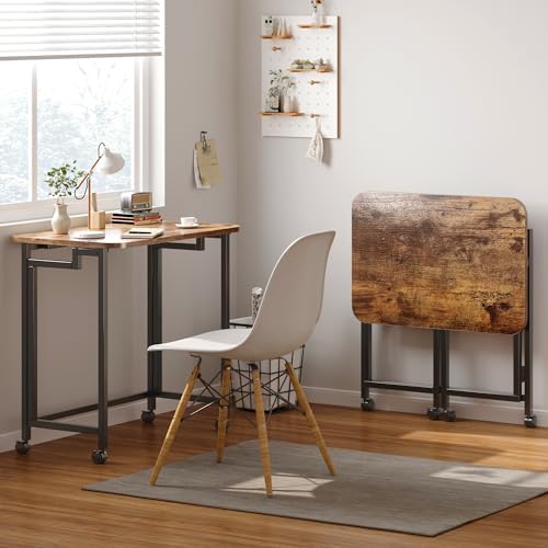 JSB Folding Desk for Small Spaces,Mobile Portable Rolling Laptop PC Table on Wheels,Foldable Computer Desk for Home Office,Bedroom,Dorm,Space Saving (Rustic & Brown, 23.6") - Image 2