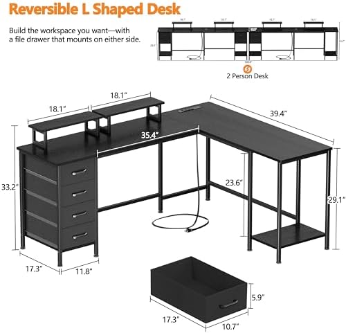 Korfile 66 inch L Shaped Computer Desk with Power Outlets, Black - Image 3