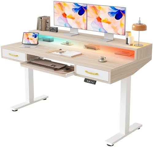 TIQLAB Standing Desk with Two Drawers, Stand Up Standing Desk Adjustable Height, Electric Sit Stand Table with Storage Shelf and Splice Board, with LED Light, 55 * 28 inch, Light Walnut by TIQLAB