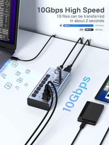 ACASIS Powered 7 Ports USB 3.2 Hub, 10Gbps Data Transfer, 24W Adapter - Image 3