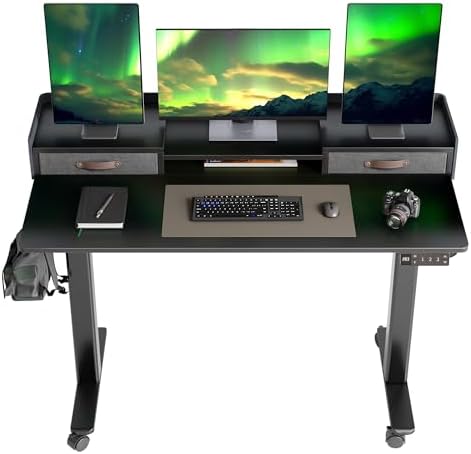Claiks Standing Desk with Drawers, Stand Up Electric Standing Desk Adjustable Height, Sit Stand Desk with Storage Shelf and Splice Board, 48 Inch, Black by CLAIKS