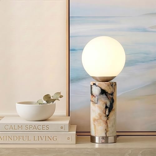 Brightech Aspen LED Table Lamp - USB Port Bedside Reading & Desk Lamp with Ambient Lighting - Marble Finish Globe Shade - Nickel - Image 6