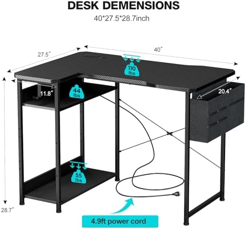 Acrolix L Shaped Gaming Desk 40 Inch - Computer Corner Desk with Power Outlets, Reversible Shelves & Storage Bag for Home Office, PC Gaming Table, Black Carbon - Image 3