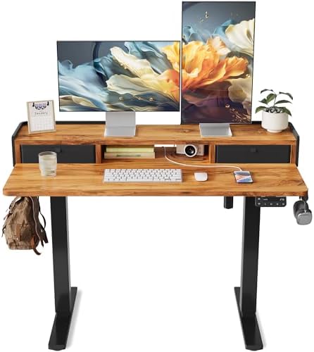 YIHAYO Electric Standing Desk with Drawers, 48 x 24 Inches Adjustable Desk with Storage Shelf, Stand Up Desk with Splice Board, Computer Table for Home Office, Black Frame/Rustic Brown Top by YIHAYO