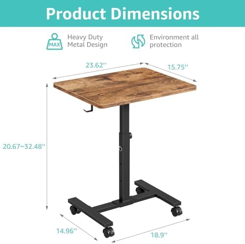 WINAZ Small Portable Laptop Rolling Desk - 24 Inch Mobile Computer Desk Adjustable Height on Wheels for Small Spaces, Couch Kids Desks End Side Table, Teacher Podium for Classroom, Rustic Brown - Image 3