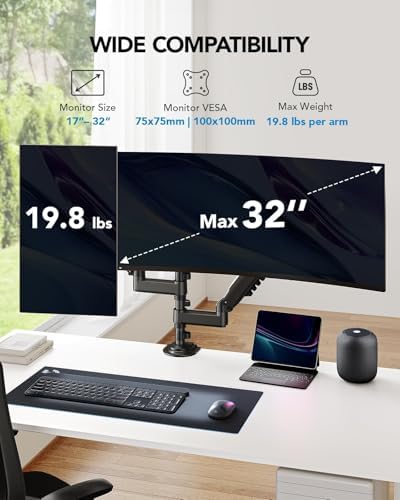 HUANUO 17-32 Inch Dual Monitor Stand, Vertical Dual Monitor Mount, Monitor Stand 2 Monitors, Ergonomic Adjustable Tilt/Swivel/Rotate, Weight Max 19.8 lbs, VESA 75/100mm (Pack of 2) - Image 2