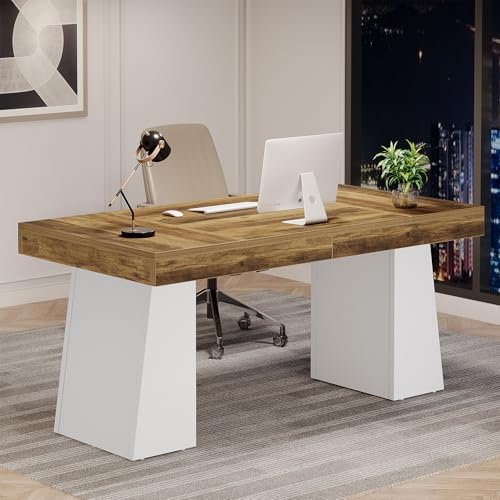 Tribesigns 55 Inches Executive Desk, Mid-Century Modern Home Office Desk, Wood Computer Table Business Workstation Small Conference Table, White & Brown - Image 4