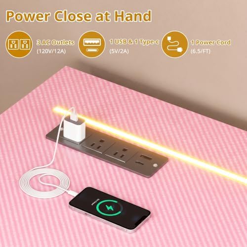 39.4'' L Shaped Gaming Desk with LED Lights & Power Outlets, Pink Desk - Image 5