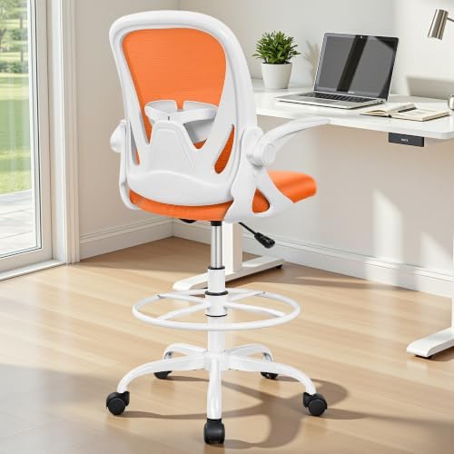 Primy Drafting Chair Tall Office Chair with Flip-up Armrests Executive Ergonomic Computer Standing Desk Chair with Lumbar Support and Adjustable Footrest Ring (Sunset Orange) - Image 2