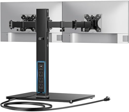 HUANUO Dual Monitor Mount with Power Outlet, Computer Monitor Stand with Sturdy Glass Base, Full Motion Dual Monitor Stand with Adjustable Height, Supports 13″-32″ Displays up to 22 lbs, Easy Setup by HUANUO