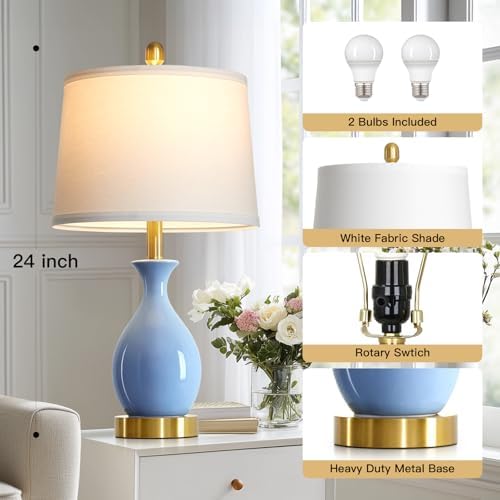 24″ Light Blue Ceramic Table Lamps Set of 2, Modern Classic Bedside Lamps for Bedroom Nightstand, Small Table Lamp for Living Room Side Table (2 LED Bulbs Included) - Image 2