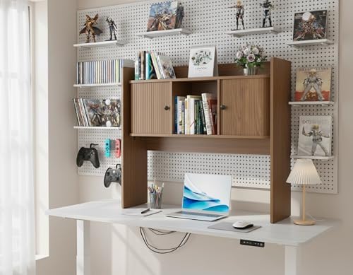 Mid Century Modern Desk Hutch Storage, 36 x 32 Inch Fluted Desktop Bookshelf, Wooden Desk Shelf Organizer with 2 Doors, for Laptop, Desktop Shelf for Dorm, Study, Office, Walnut, Brown - Image 4