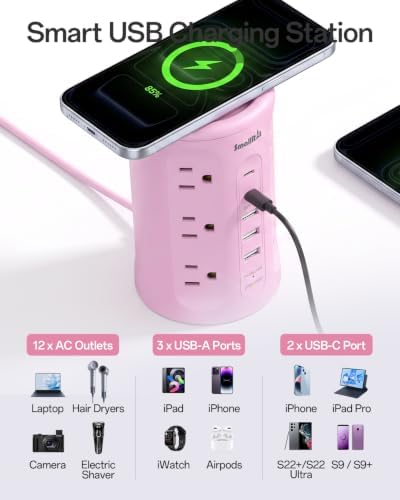 Power Strip with USB Ports,Extension Cord with Multiple Outlets (12AC+3A+2C), 6.5 FT Desk Pink Power Strip Tower Charging Station for Home, Office, College Dorm Essentials - Image 6