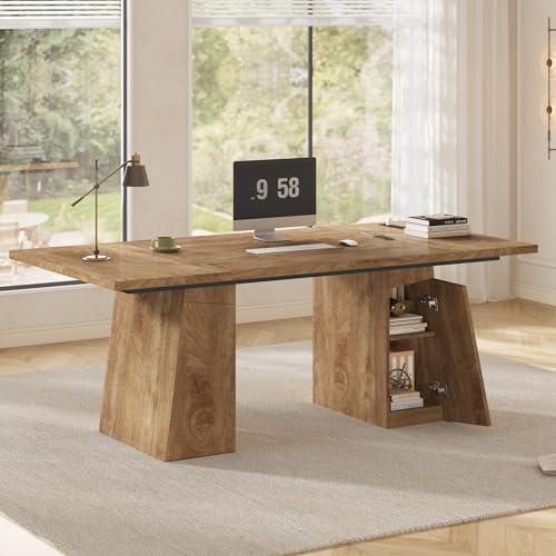 UPOSOJA 63 in Executive Desk with Power Outlets, Modern Home Office Desk with Storage Cabinet, Wood Computer Desk Business Workstation Desk Conference Table (Oak) by UPOSOJAWishesYouaNiceDay