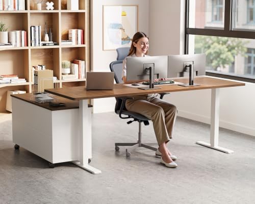 OffiGo 63" L Shaped Electric Standing Desk with Cabinet Sets, Walnut/White - Image 2
