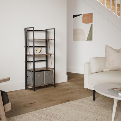 4NM No Assembly Folding Bookshelf Storage Shelves 4 Tier Vintage Bookcase Standing Racks for Bedroom Living Room Home Office - Image 2