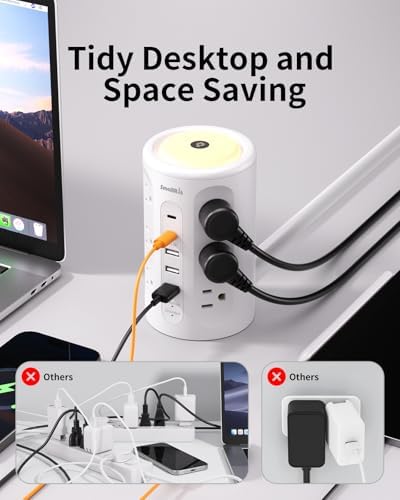 Power Strip with Night Light, Extension Cord with Multiple Outlets (12AC+3A+2C), 10 FT Desk Power Strip Tower Charging Station for Home, Office, College Dorm Essentials - Image 4