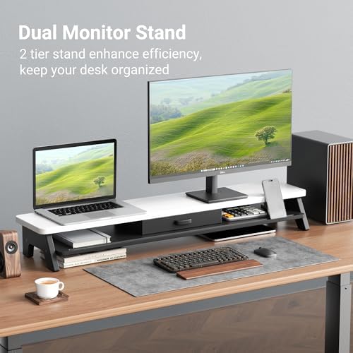 AFOOYO Dual Monitor Stand Riser,LED 2-Tier 39.3 Inch Computer Monitor Stand for 2 Monitors,Office Desktop Organizer with Storage Drawer and Phone Holder for Laptop,PC,Computer,Printer,White - Image 2