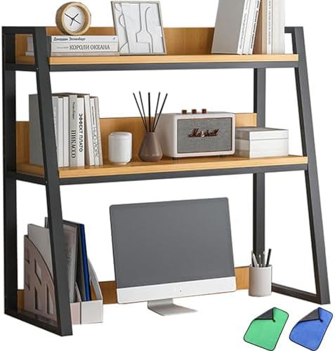 Ladder Desktop Shelf, Desk Hutch 3-Tier for Computer Desk, Desktop Display Rack, Multipurpose Vintage Metal and Wood Desktop Bookshelf Storage Organizer for Dorm Office Home,Black a,22x13x35" by TedmAr